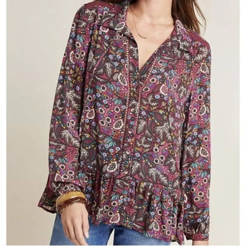 Anthropologie Maeve Janie‎ Flounced Peasant Blouse Purple Motif